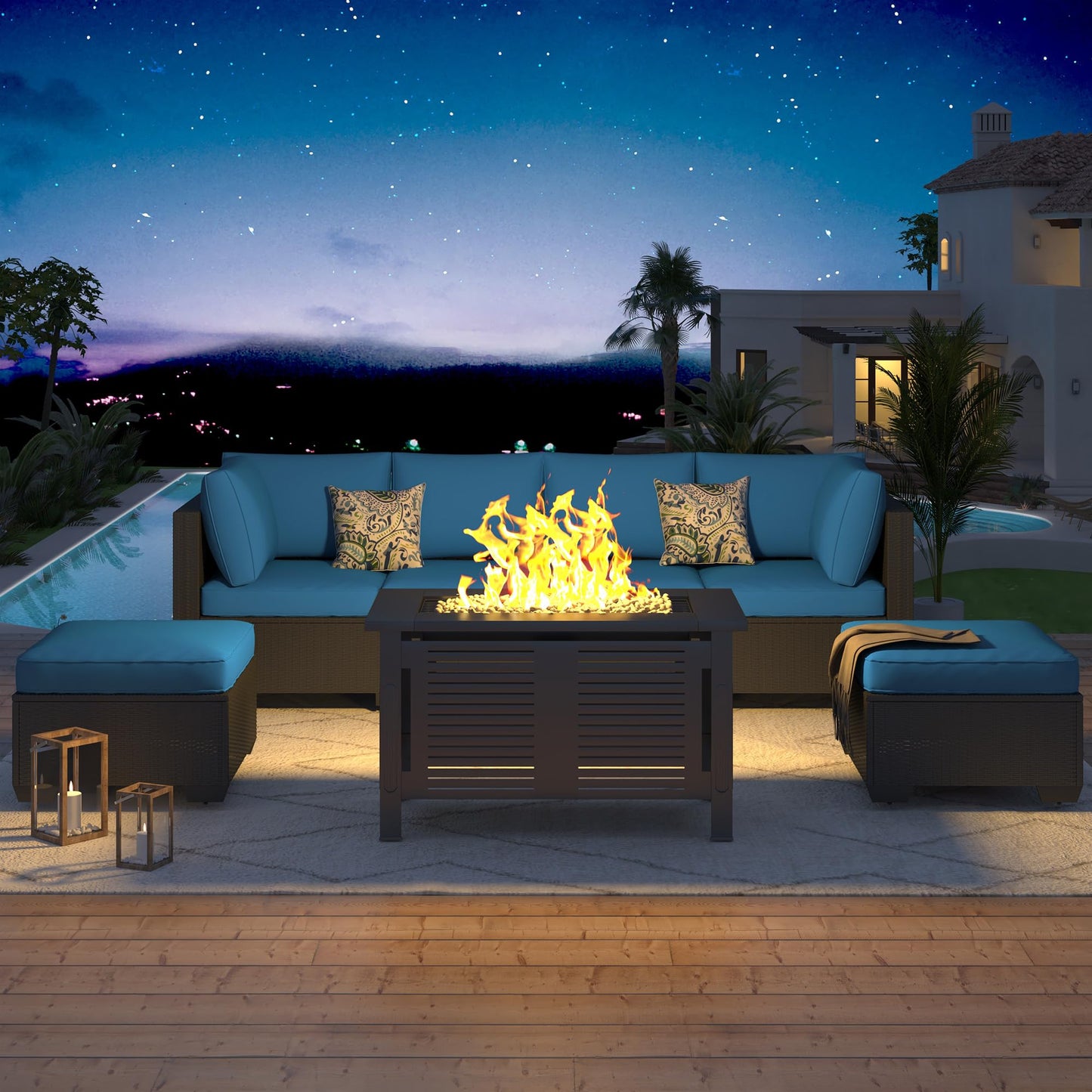 YODOLLA 7 Piece Outdoor Patio Furniture Set with Extra 43'' Fire Pit Table, Black Rattan & Peacock Cushion