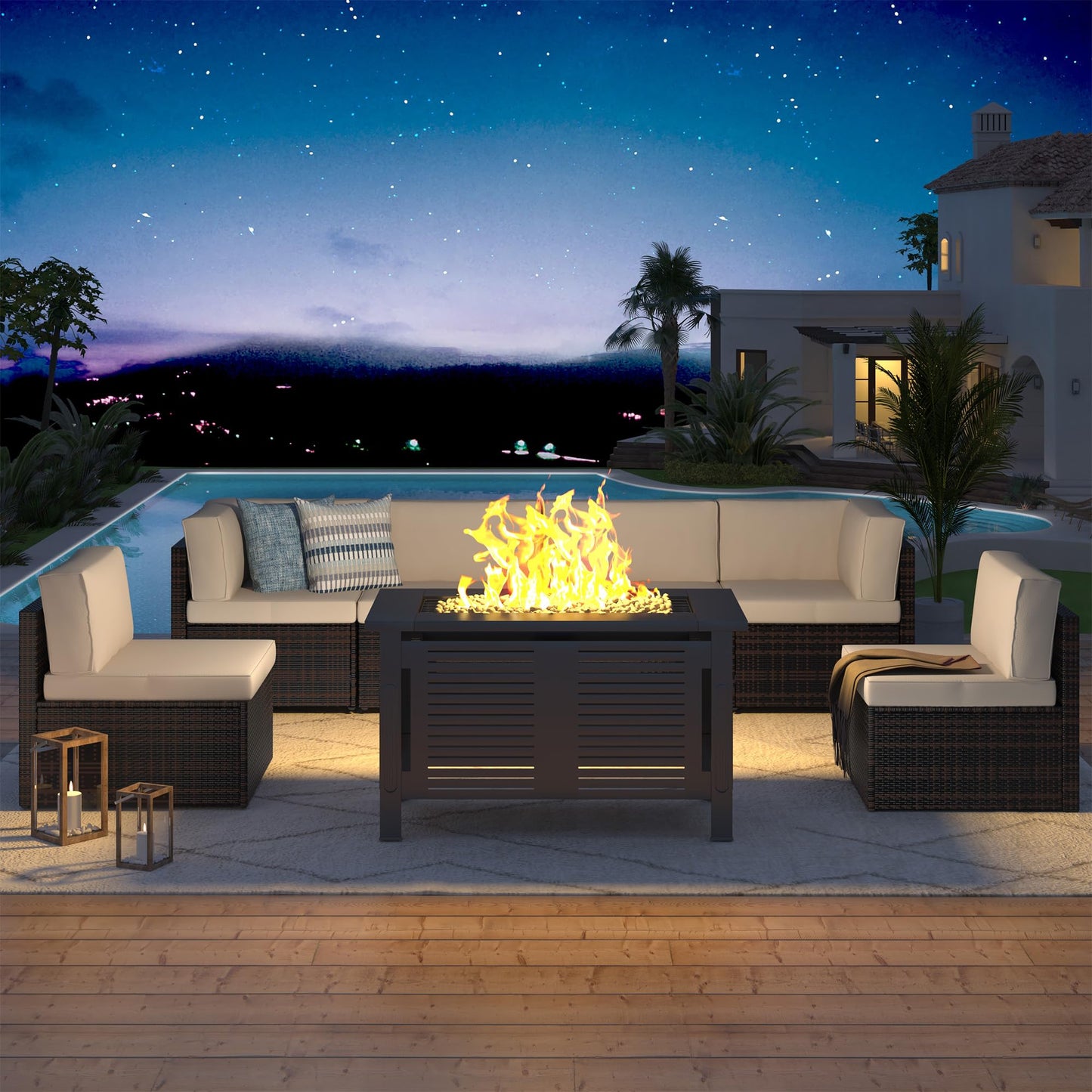 YODOLLA 7 Piece Outdoor Patio Furniture Set with Extra 43 Inch Fire Pit Table, Brown Rattan & Beige Cushion