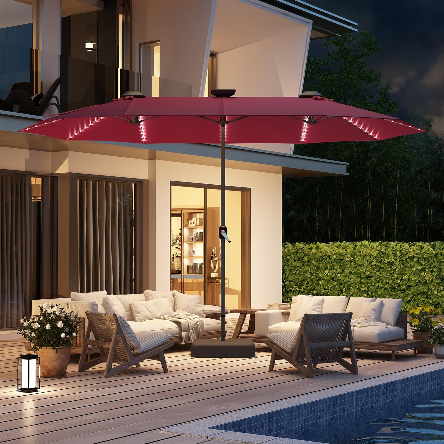 YODOLLA 15ft Double-Sided Patio Umbrella Outdoor Rectangle Umbrella with Base, Red