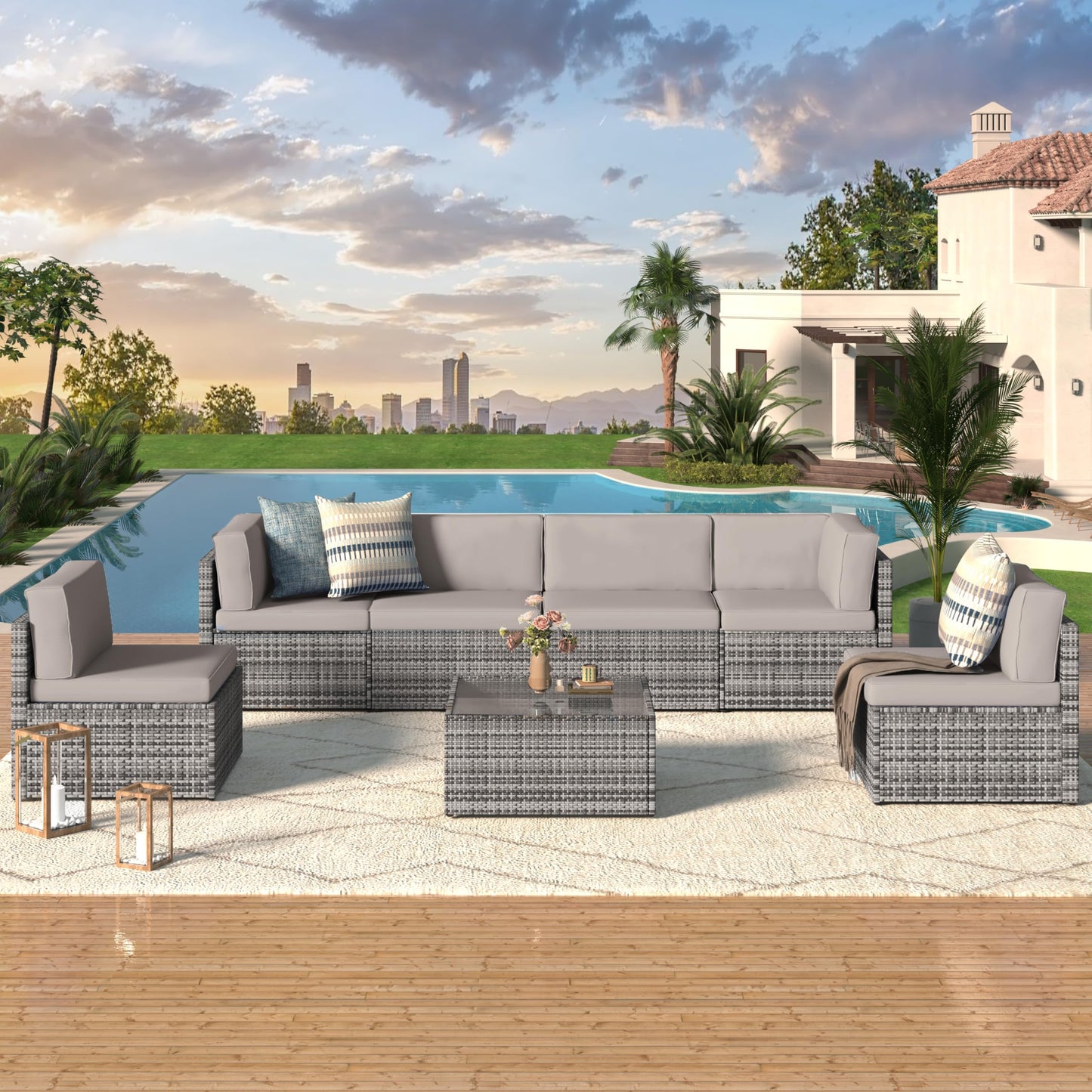 YODOLLA 7 Piece Outdoor Patio Furniture Set, Gray & Gray