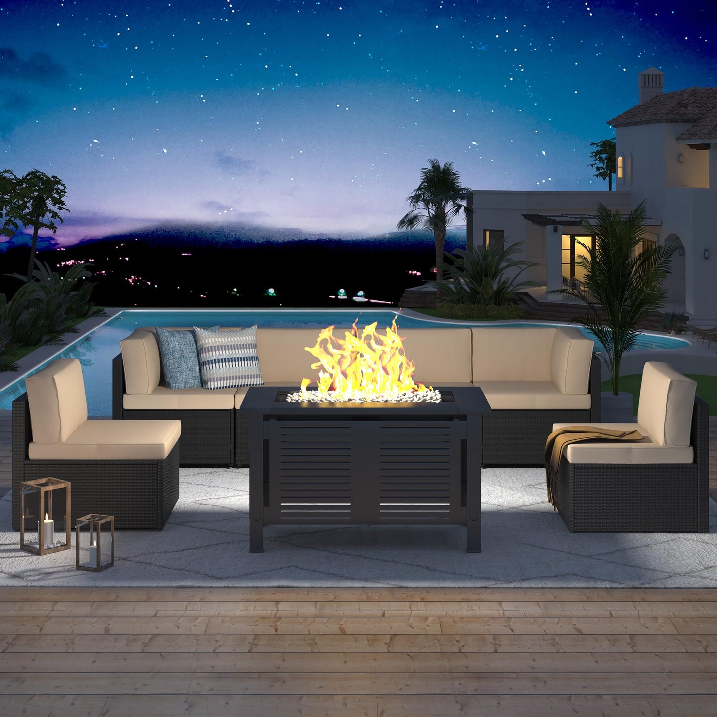YODOLLA 7 Piece Outdoor Patio Furniture Set with Extra 43 Inch Fire Pit Table, Black Rattan & Beige Cushion