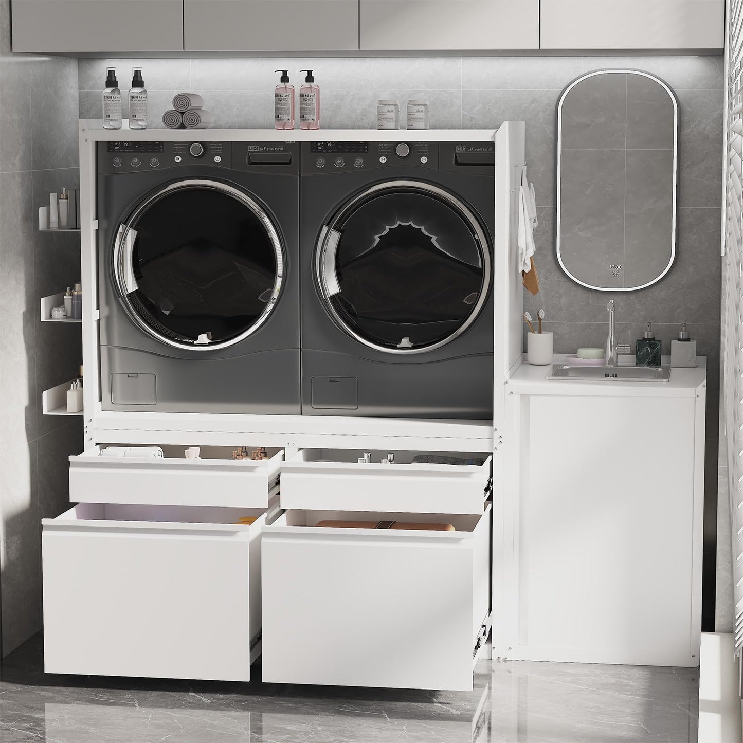 YODOLLA Laundry Pedestal with Sink Cabinet for 2 Washer and Dryer