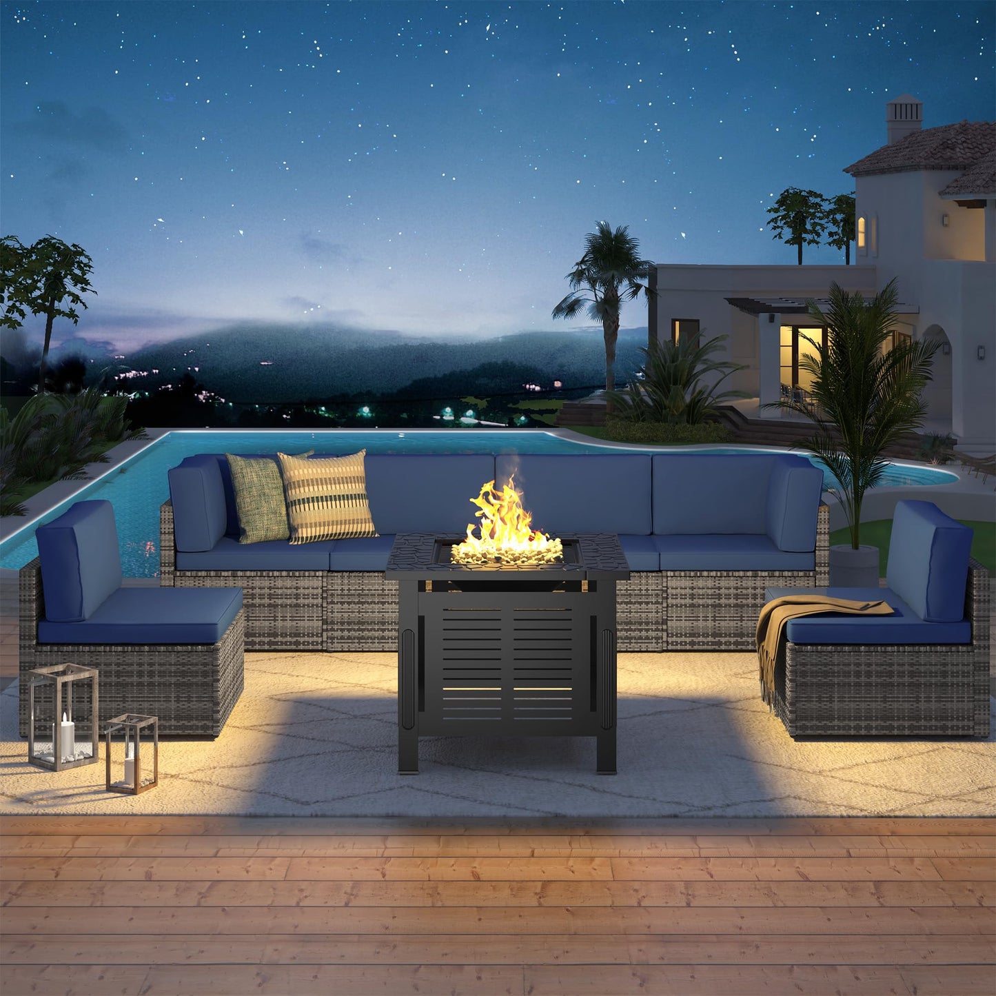 YODOLLA 7 Piece Outdoor Patio Furniture Set with 30 Inch Fire Pit Table, Grey Rattan Dark Blue Cushion