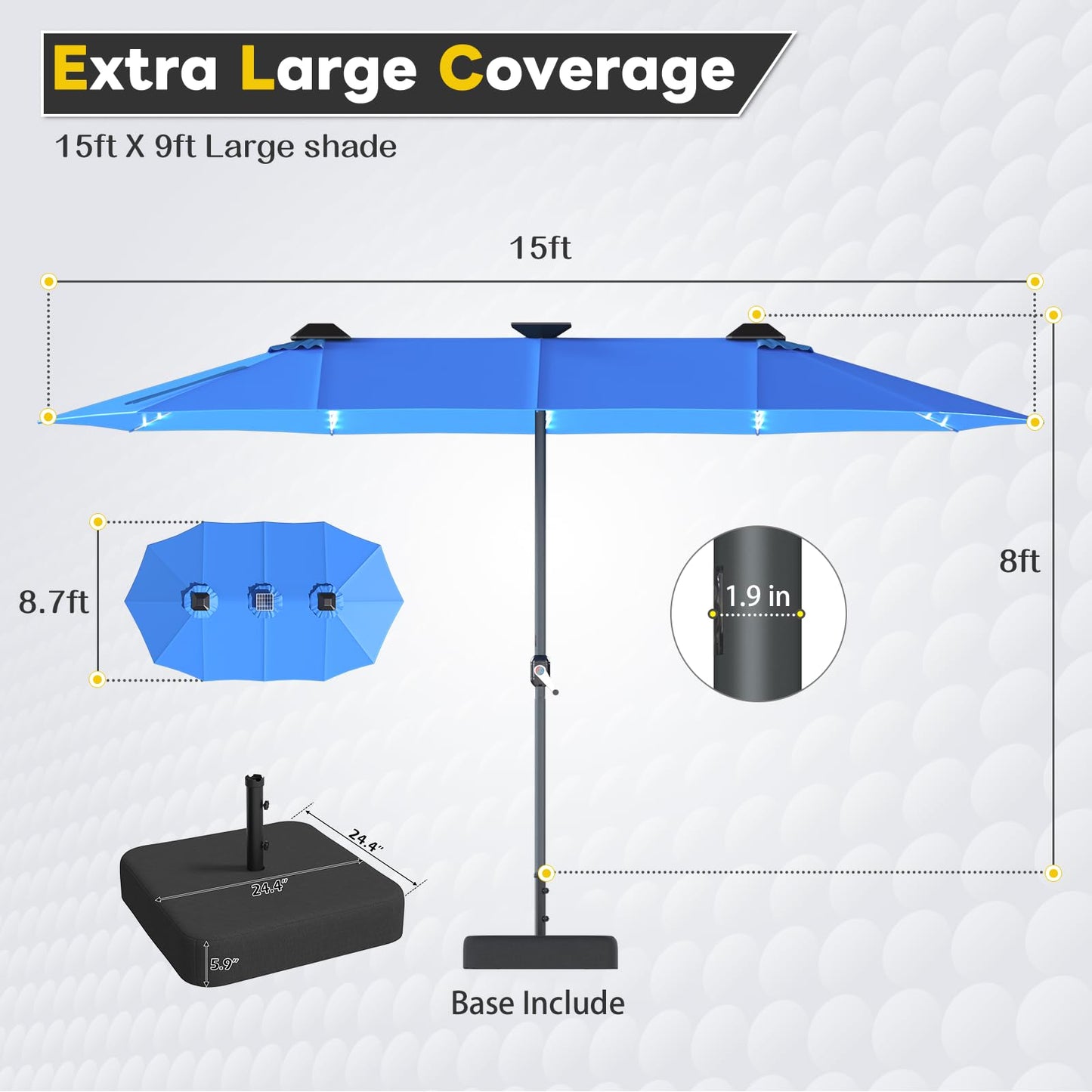 YODOLLA 15ft Double-Sided Patio Umbrella Outdoor Rectangle Umbrella with Base, Blue
