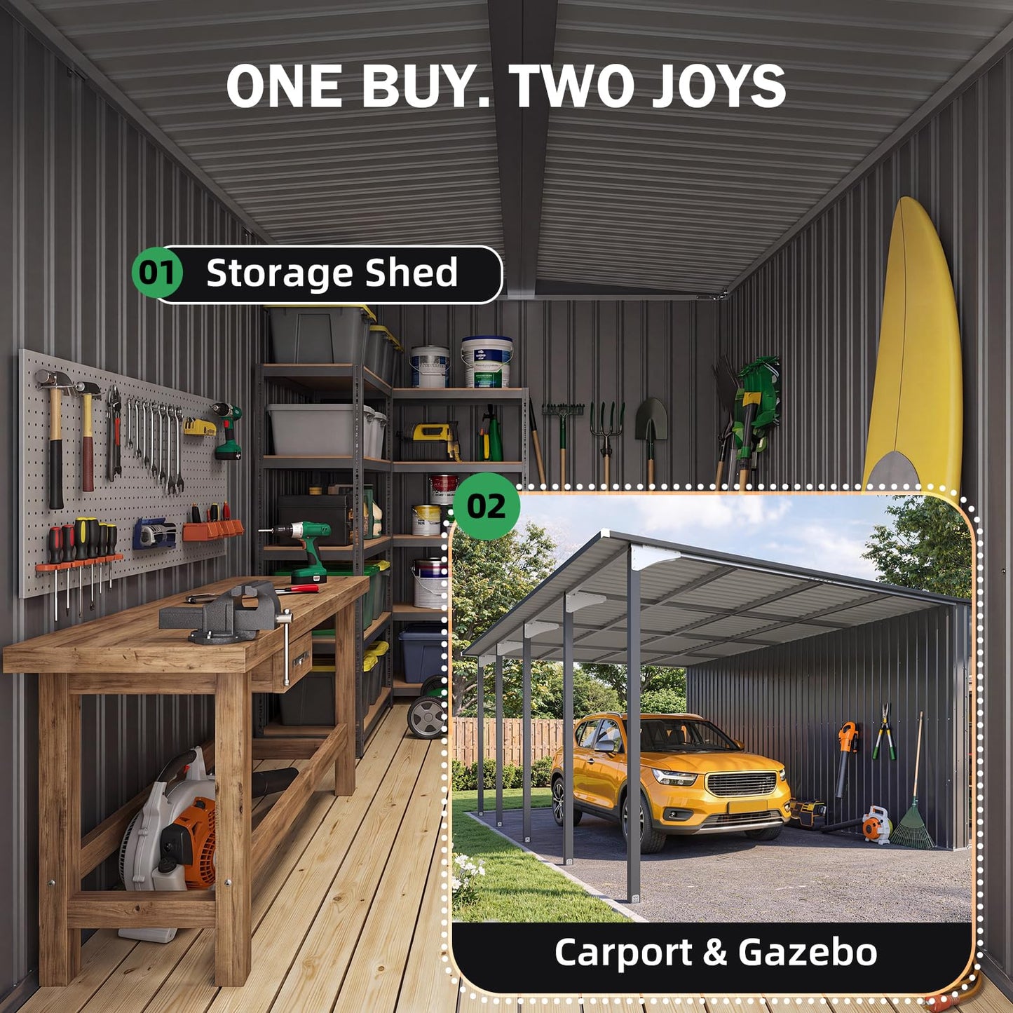 YODOLLA 16x16 Lean to Gazebo Metal Shed Combo, Hardtop Carport with Storage