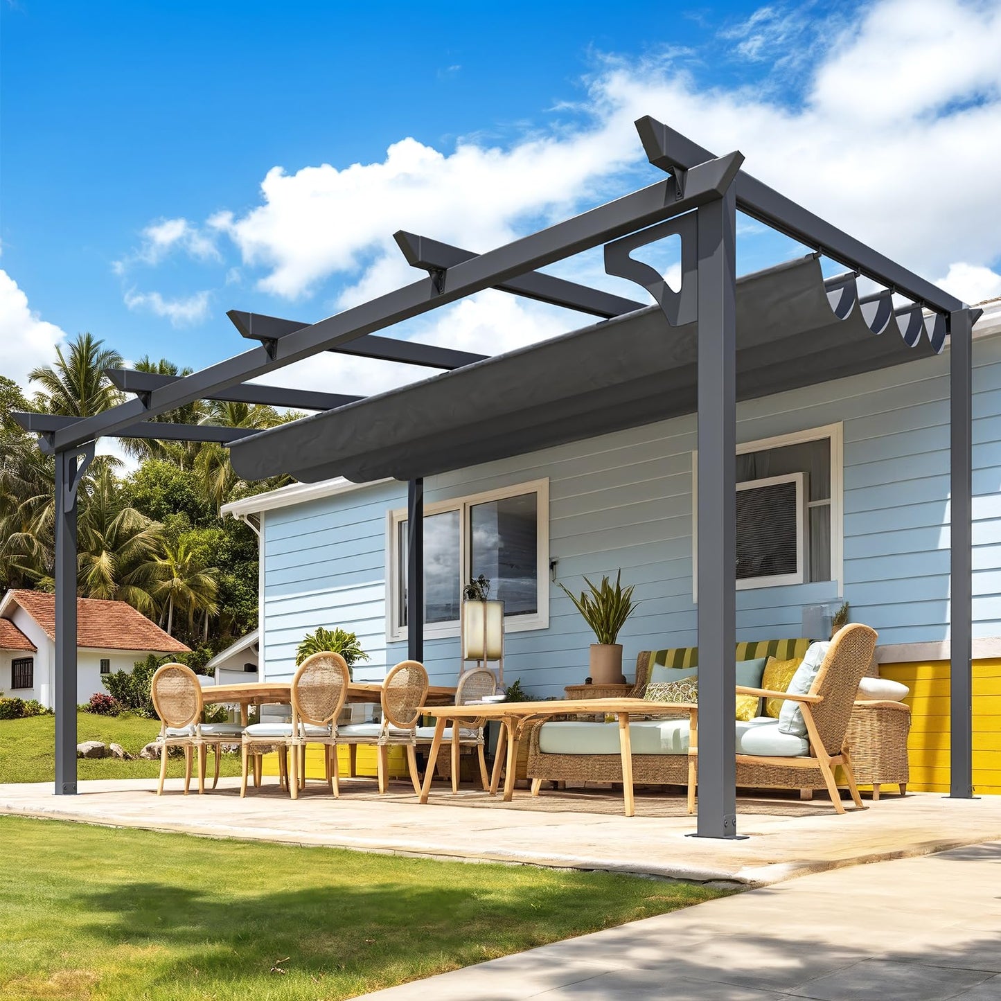 YODOLLA 14' x 10' Gazebo for Patio, Retractable Pergola with Adjustable Sun Shade Canopy Roof
