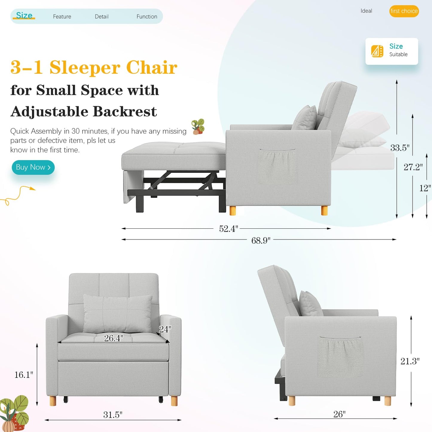YODOLLA 3 in 1 Chair Bed Sleeper for Adults, Gray