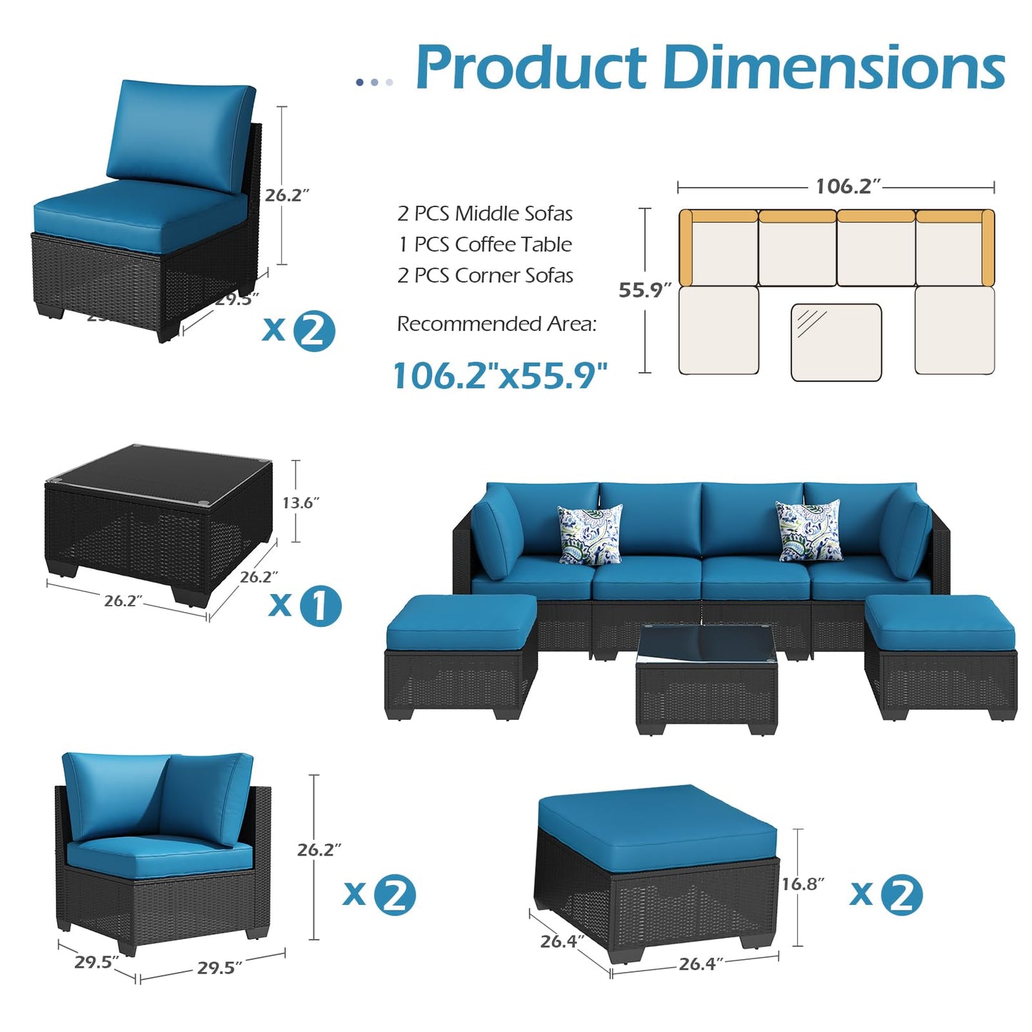 YODOLLA 7 Piece Outdoor Patio Furniture Set with 30 Inch Fire Pit Table, Black Rattan Peacock Blue Cushion