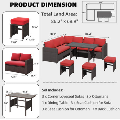 YODOLLA 7-Pc Patio Set, Brown Rattan & Red Cushion