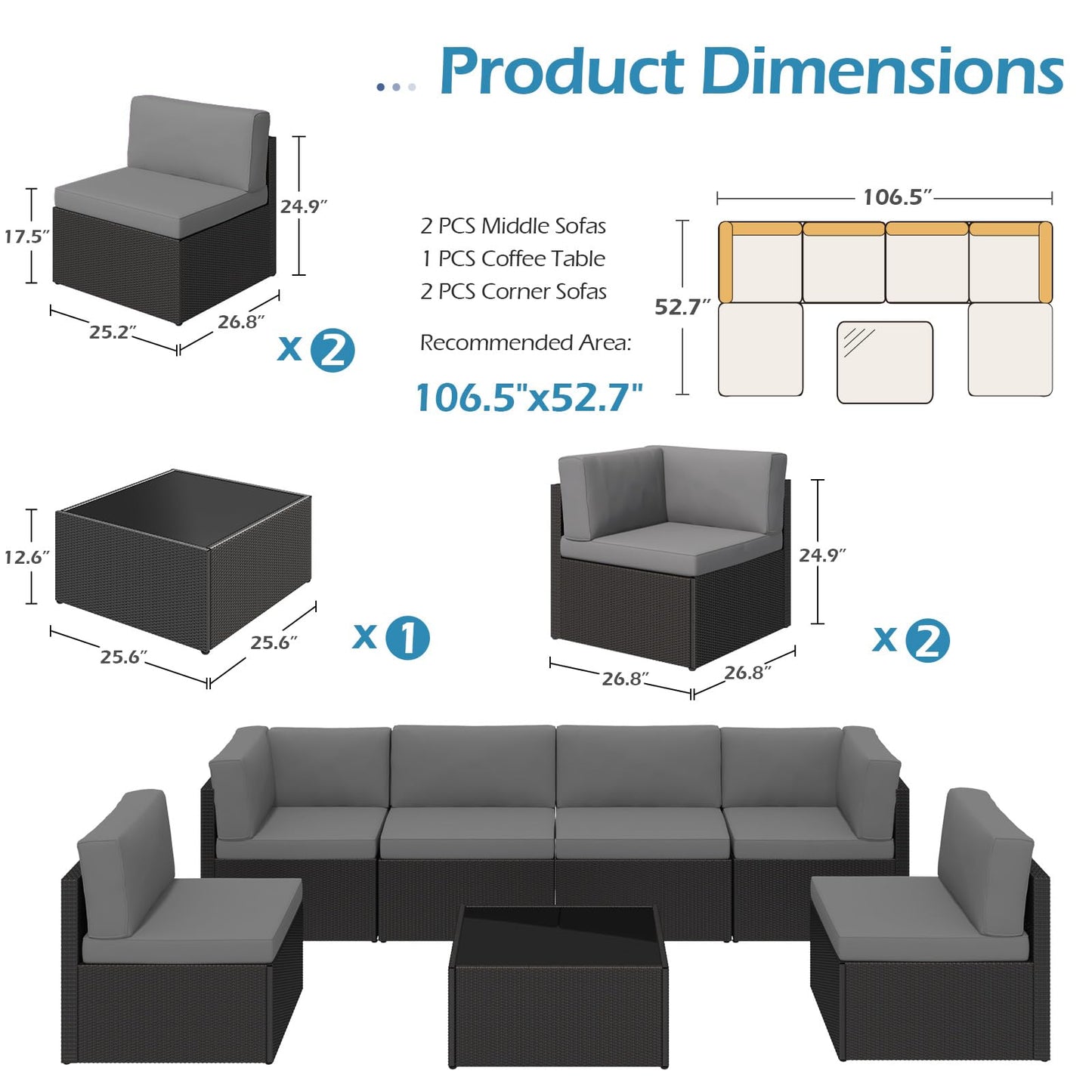 YODOLLA 7 Piece Outdoor Patio Furniture Set with 30 Inch Fire Pit Table, Black Rattan Dark Grey Cushion