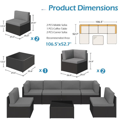 YODOLLA 7 Piece Outdoor Patio Furniture Set with 30 Inch Fire Pit Table, Black Rattan Dark Grey Cushion