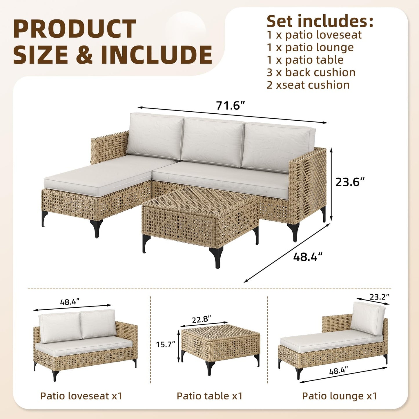 YODOLLA Small Outdoor Patio Furniture Set, 3 Pieces All Weather Wicker Rattan Sectional Sofa