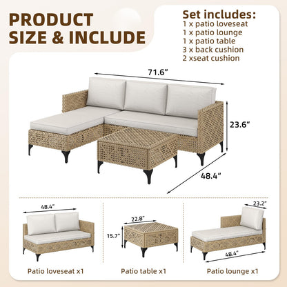 YODOLLA Small Outdoor Patio Furniture Set, 3 Pieces All Weather Wicker Rattan Sectional Sofa