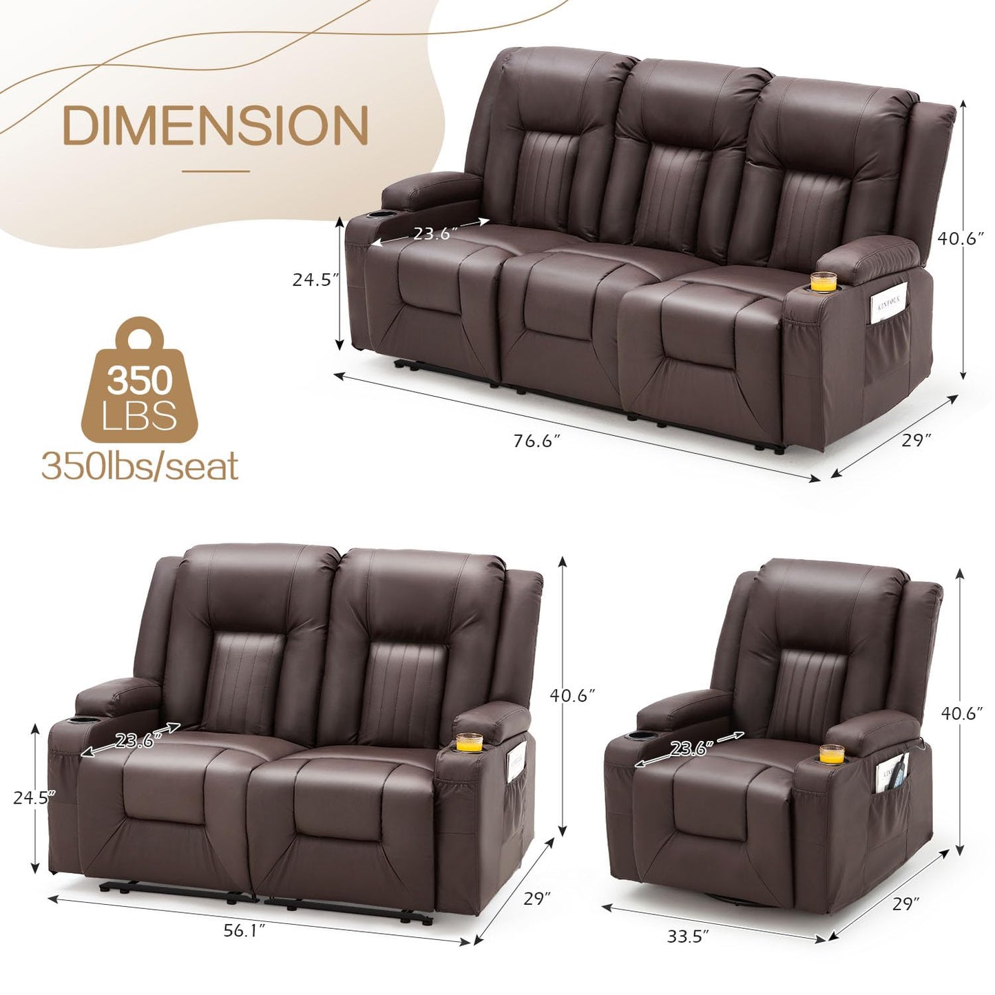 YODOLLA 3 PCS Leather Recliner Sofa Set