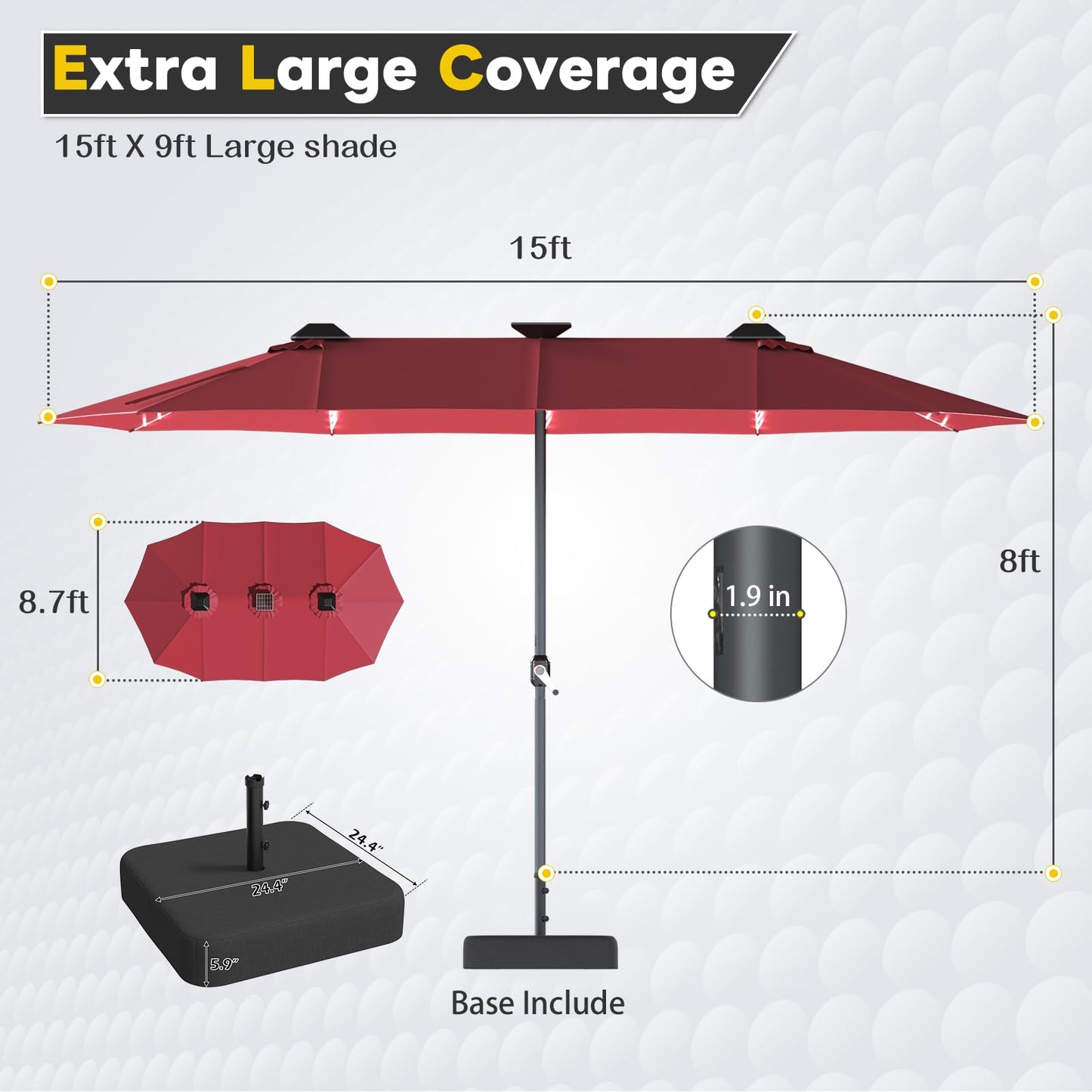 YODOLLA 15ft Double-Sided Patio Umbrella Outdoor Rectangle Umbrella with Base, Red