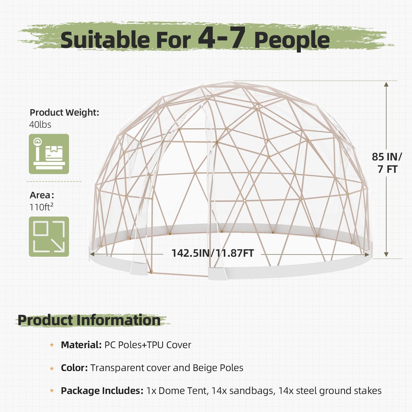 YODOLLA Igloo Tent Dome for Winter, Outdoor 12x12 Clear Bubble Tent for 4–7 People