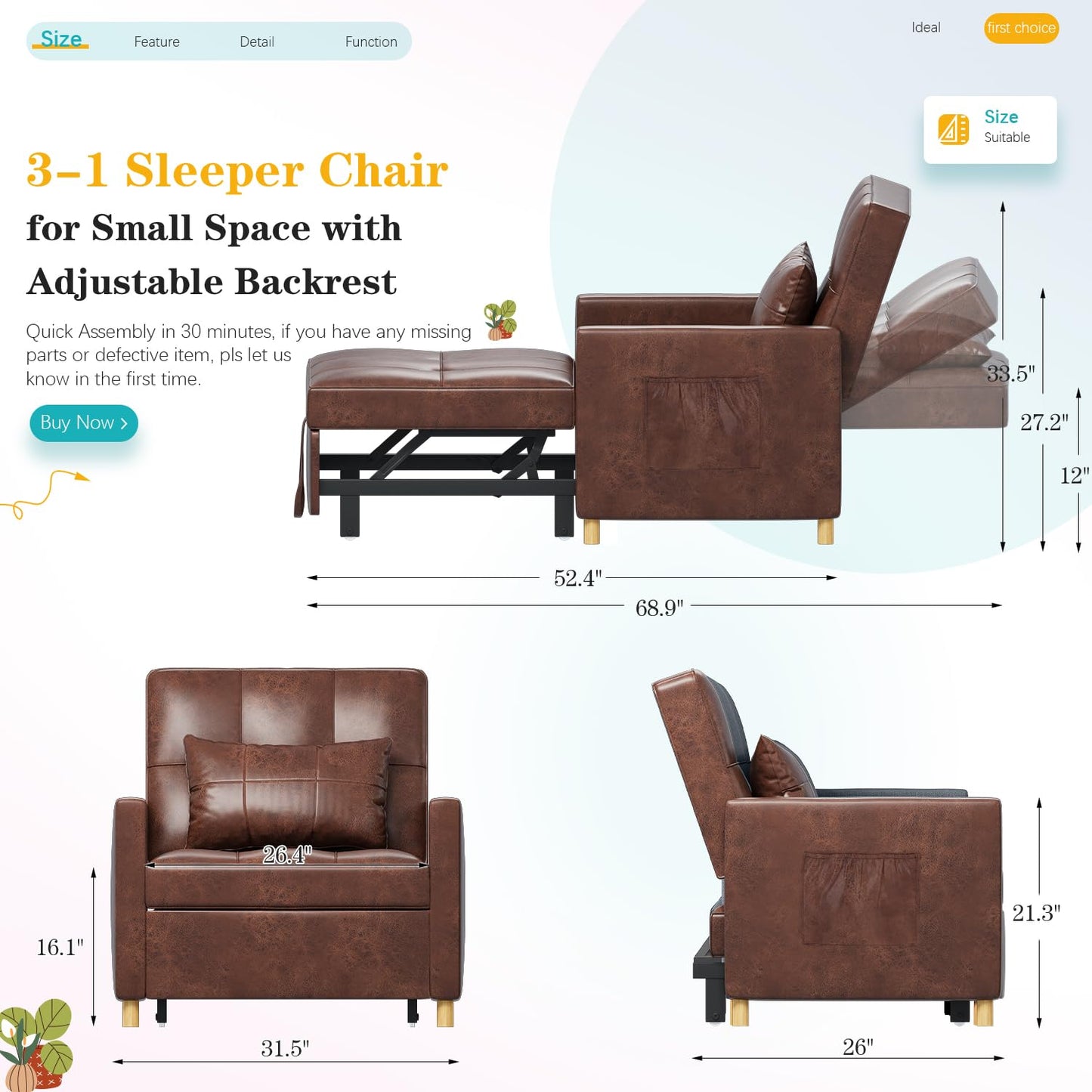 YODOLLA 3 in 1 Chair Bed Sleeper for Adults, Brown