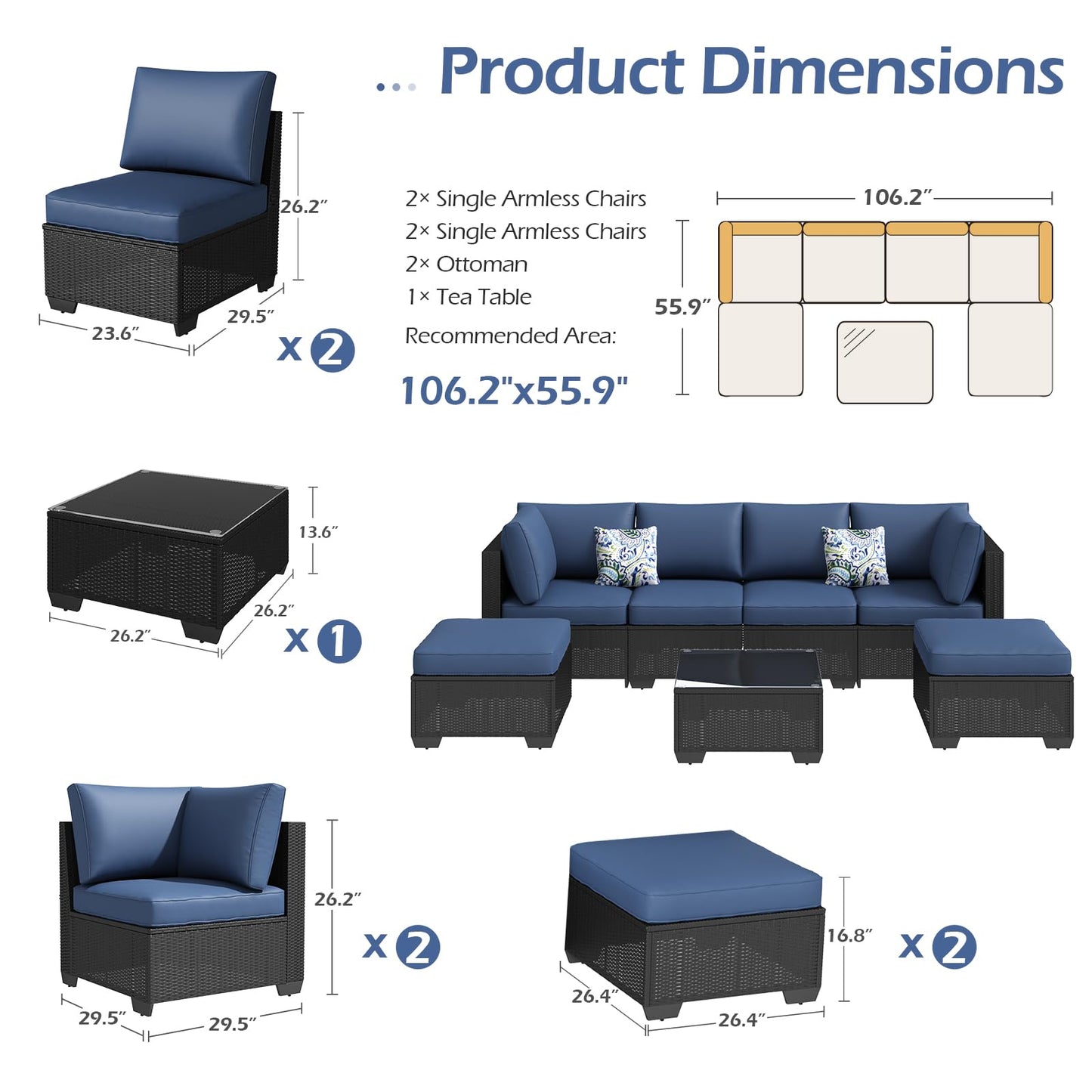 YODOLLA 7 Piece Outdoor Patio Furniture Set with Extra 43 Inch Fire Pit Table, Black Rattan & Navy Cushion
