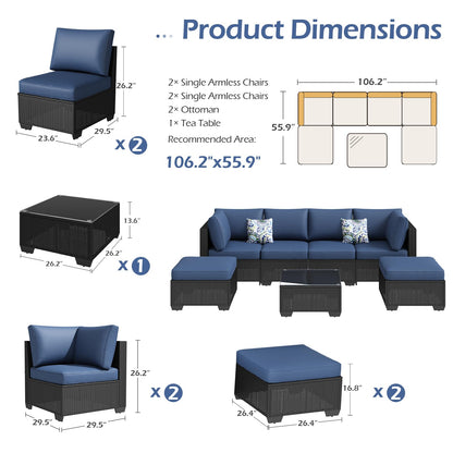 YODOLLA 7 Piece Outdoor Patio Furniture Set with Extra 43 Inch Fire Pit Table, Black Rattan & Navy Cushion