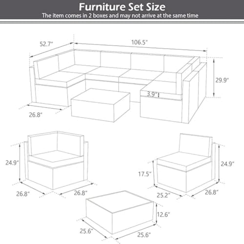 YODOLLA 7 Piece Outdoor Patio Furniture Set with Extra 43'' Fire Pit Table, Gray Rattan & Navy Cushion