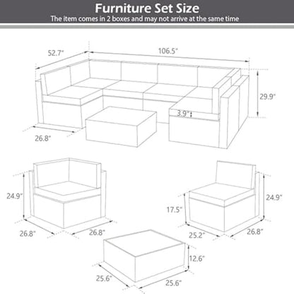 YODOLLA 7 Piece Outdoor Patio Furniture Set with Extra 43'' Fire Pit Table, Gray Rattan & Navy Cushion