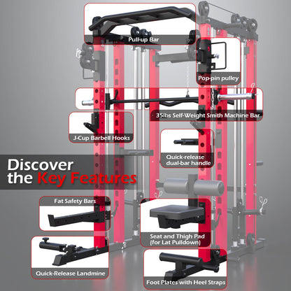 YODOLLA Smith Machine Power Squat Rack Cage, 2000lbs All in One Dual Cable Crossover Machine
