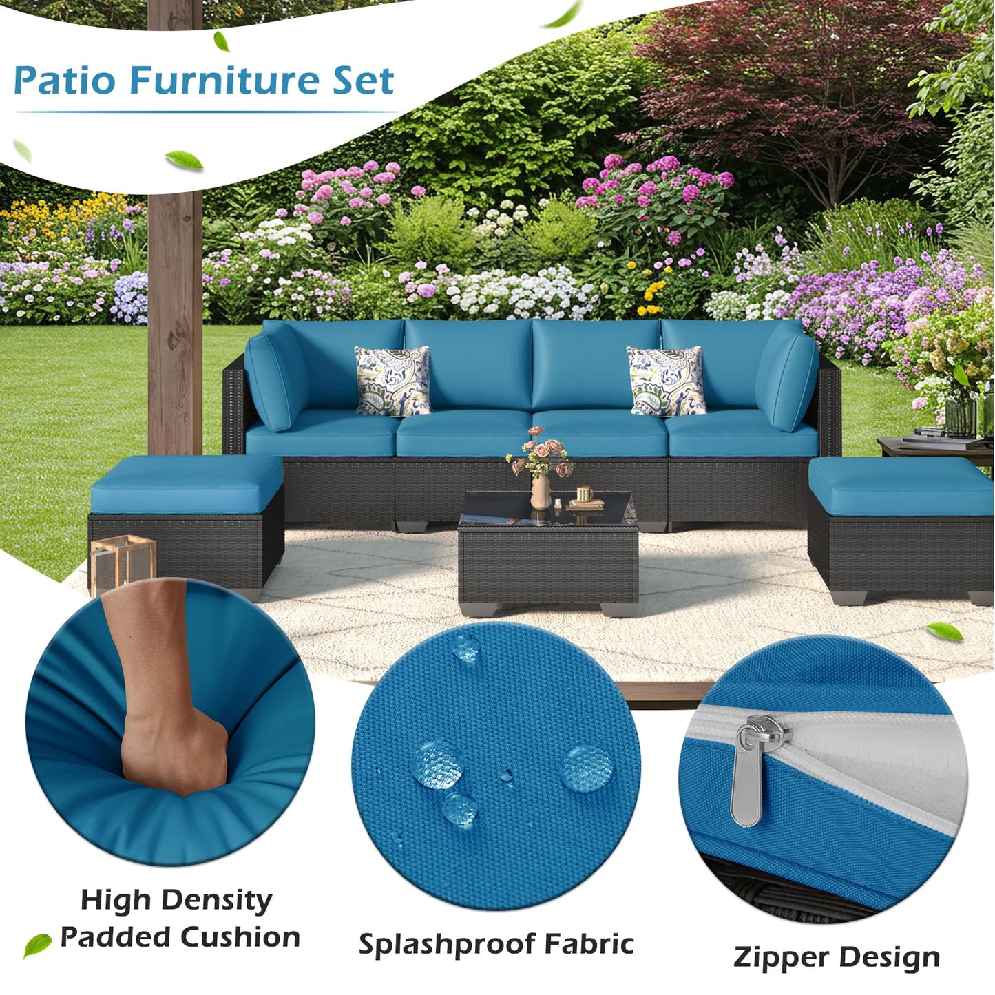 YODOLLA 7 Piece Outdoor Patio Furniture Set with Extra 43'' Fire Pit Table, Black Rattan & Peacock Cushion