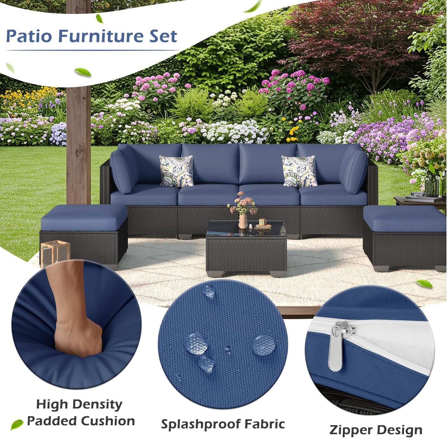 YODOLLA 7 Piece Outdoor Patio Furniture Set with 30 Inch Fire Pit Table, Black Rattan Dark Blue Cushion