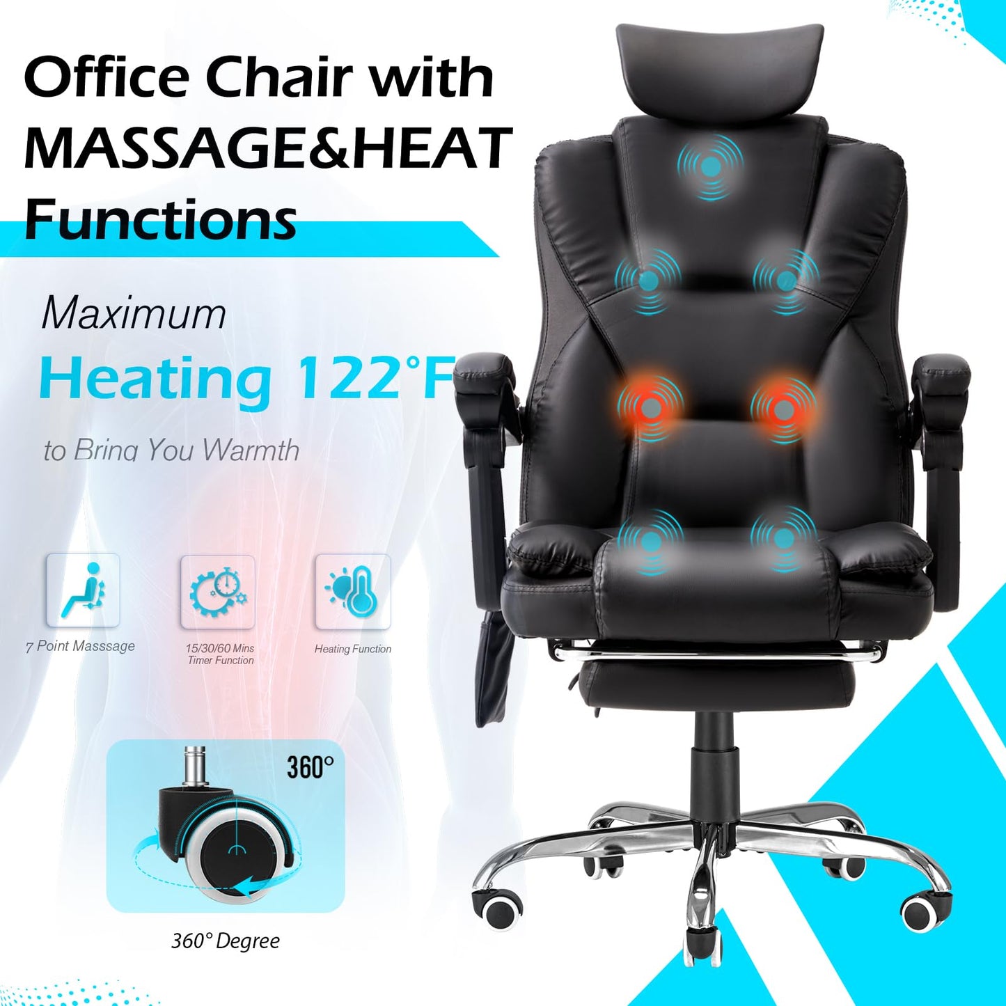 YODOLLA Office Chair with 7 Points Vibration Massage&Heat, Adjustable Ergonomic Recliner, Black