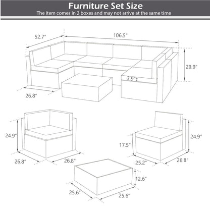YODOLLA 7 Piece Outdoor Patio Furniture Set with Extra 43 Inch Fire Pit Table, Black Rattan & Beige Cushion