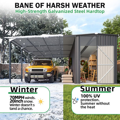 YODOLLA 16x16 Lean to Gazebo Metal Shed Combo, Hardtop Carport with Storage