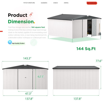 YODOLLA Shed 12' x 12' Storage Shed, White