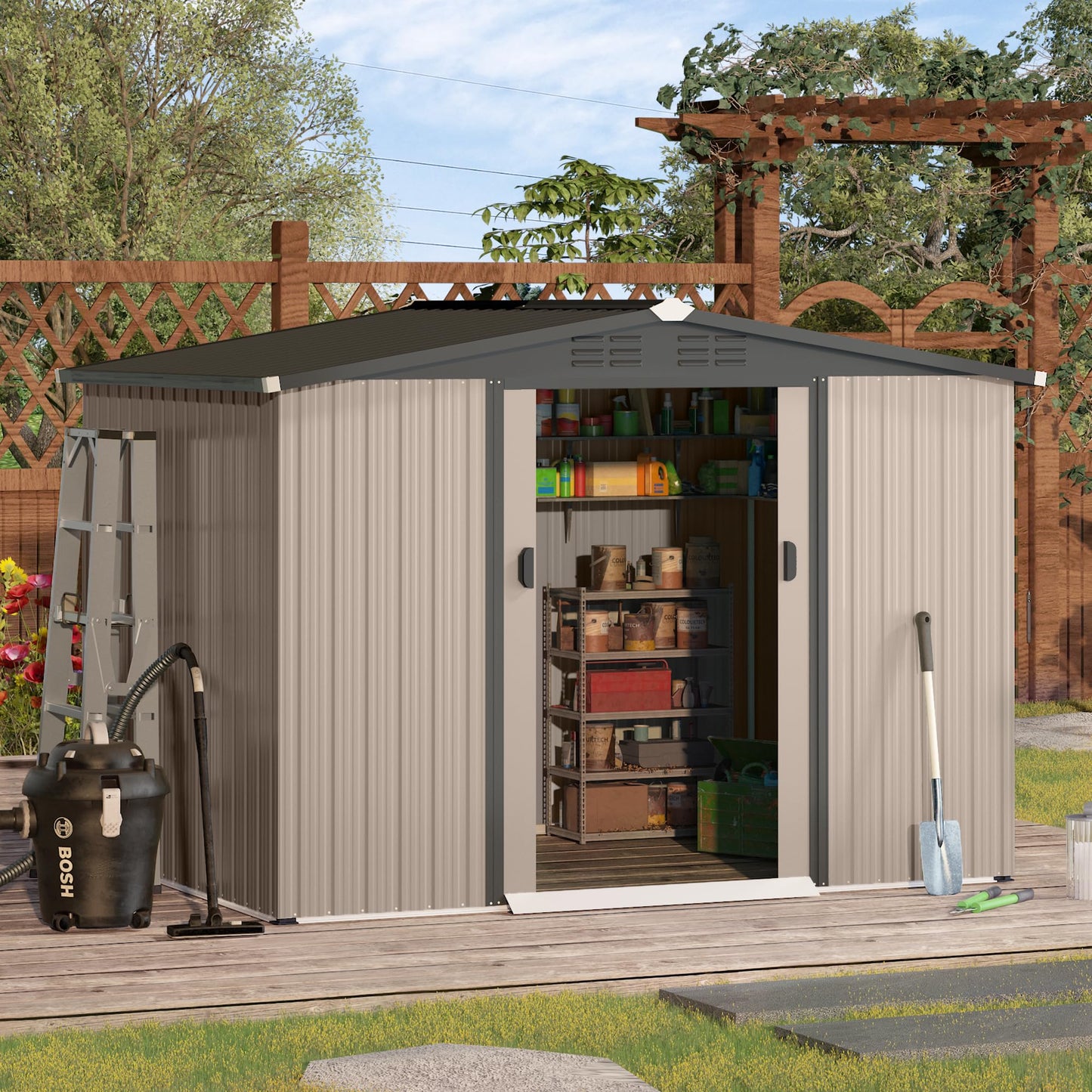 YODOLLA 8 x 6 Ft Outdoor Storage Tool Shed with Sliding Door, Grey
