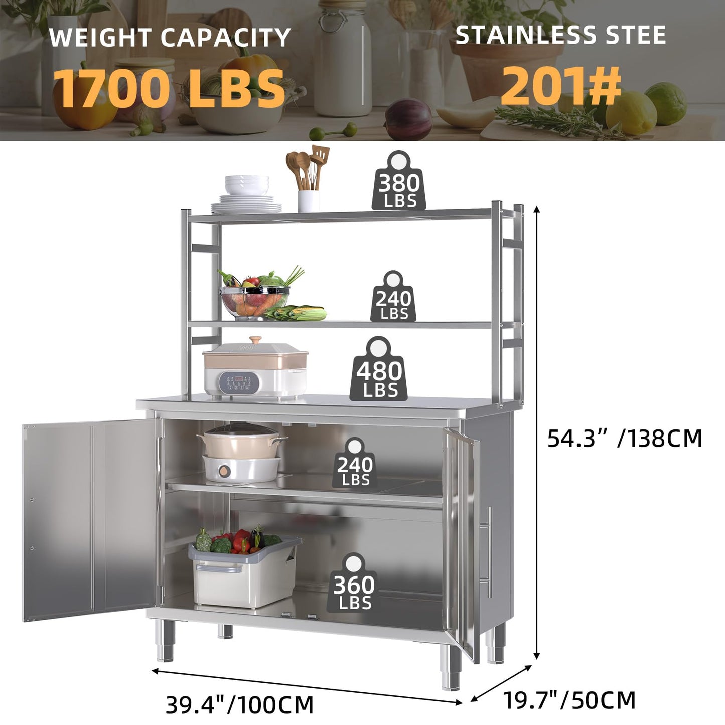 YODOLLA 40"x20" Stainless Steel Table with Cabinet