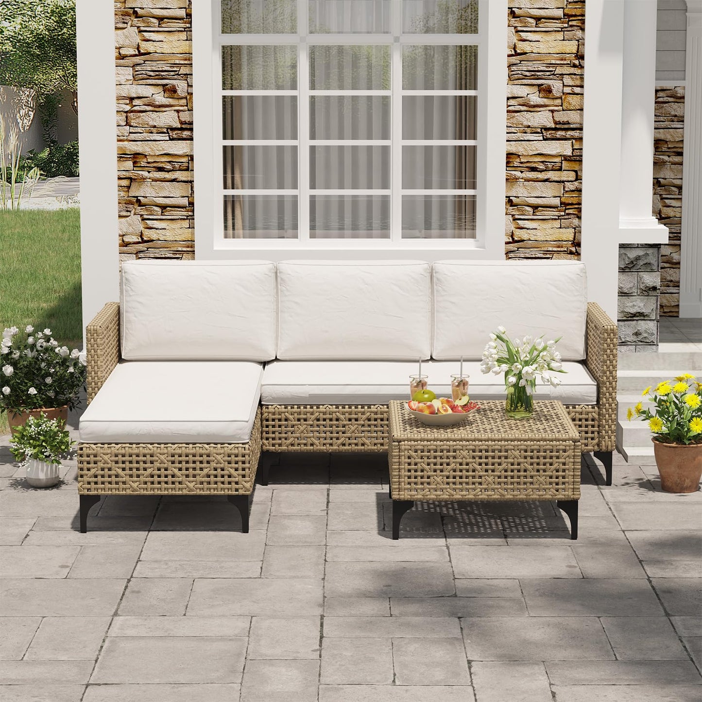 YODOLLA Small Outdoor Patio Furniture Set, 3 Pieces All Weather Wicker Rattan Sectional Sofa