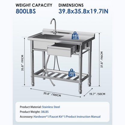 YODOLLA Stainless Steel Utility Sink, Free Standing Single Bowl Commercial Kitchen Sinks