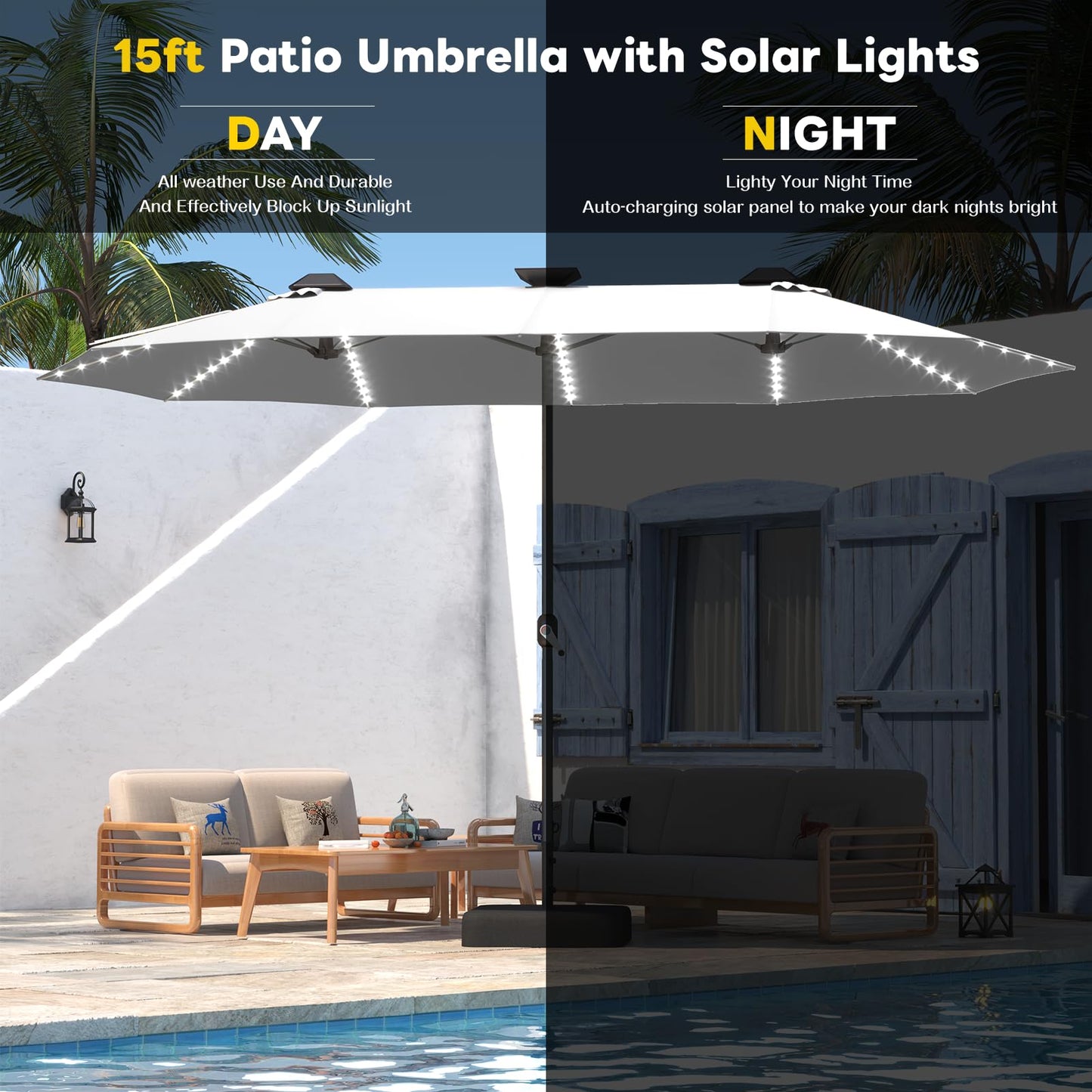 YODOLLA 15ft Double-Sided Patio Umbrella Outdoor Rectangle Umbrella with Base, Beige