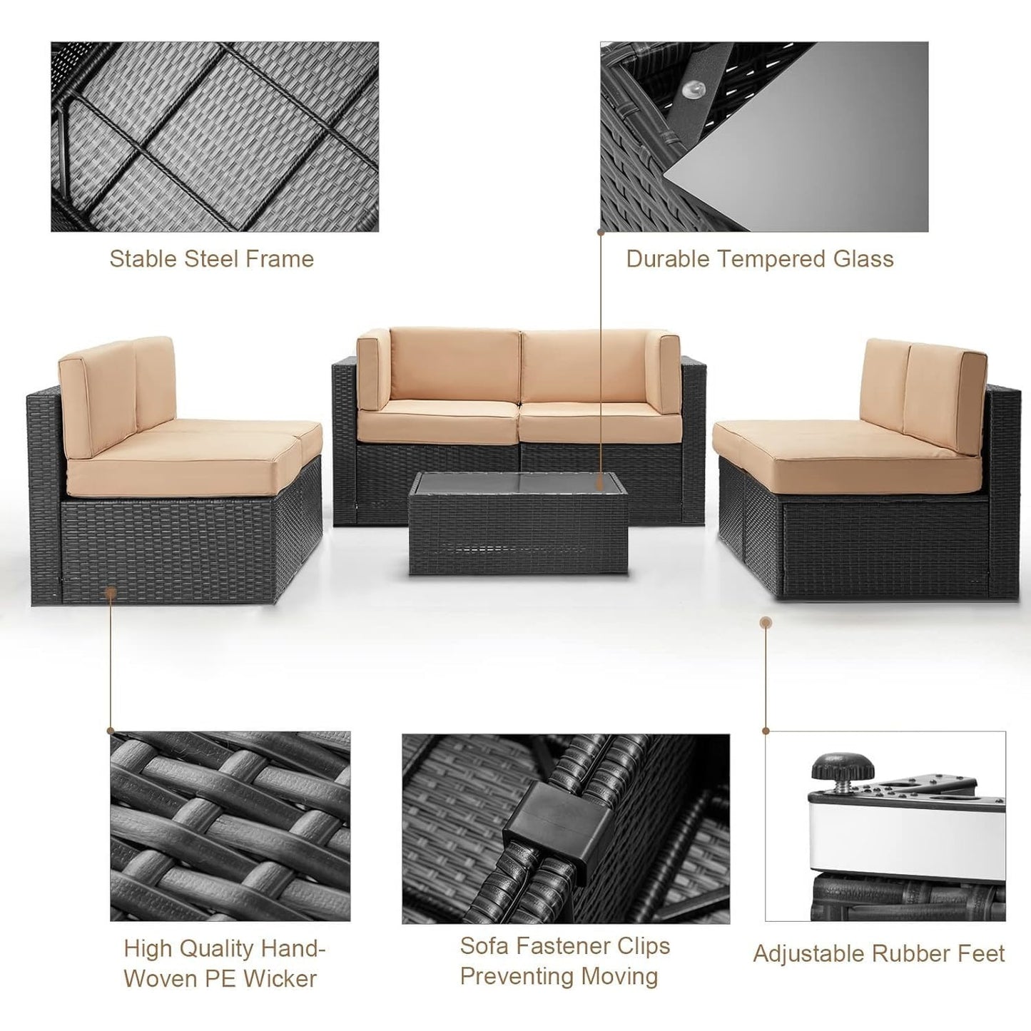 YODOLLA 7 Piece Outdoor Patio Furniture Set with Extra 43 Inch Fire Pit Table, Black Rattan & Beige Cushion