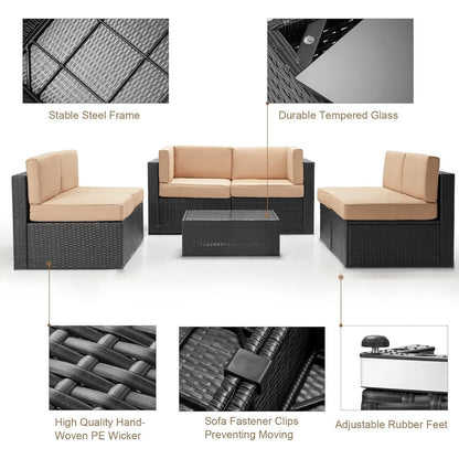 YODOLLA 7 Piece Outdoor Patio Furniture Set with Extra 43 Inch Fire Pit Table, Black Rattan & Beige Cushion