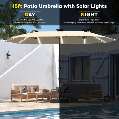 YODOLLA 15ft Double-Sided Patio Umbrella Outdoor Rectangle Umbrella with Base, Tan