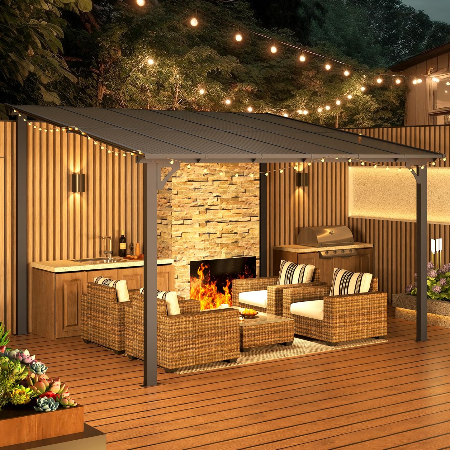 YODOLLA 12’ x 10’ Hard Top Lean to Gazebos Pergola, Dark Grey
