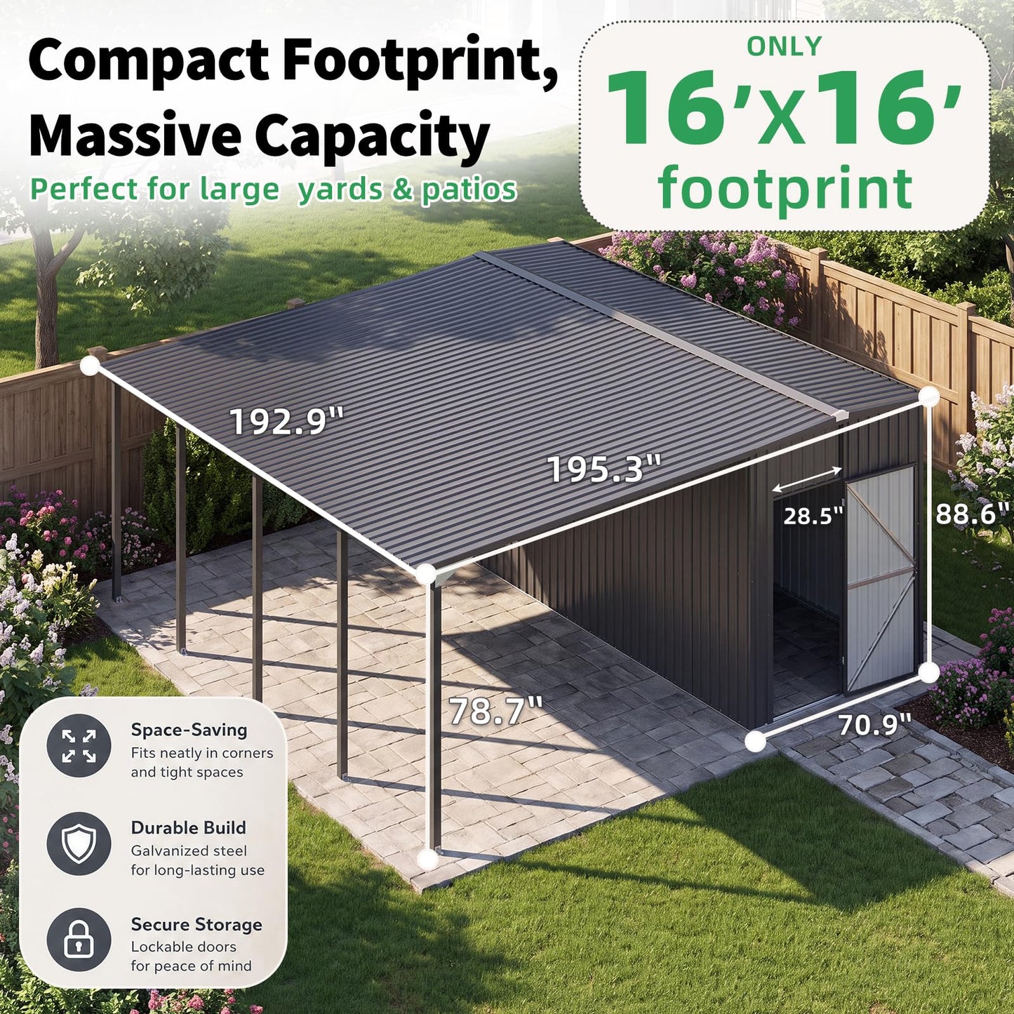 YODOLLA 16x16 Lean to Gazebo Metal Shed Combo, Hardtop Carport with Storage