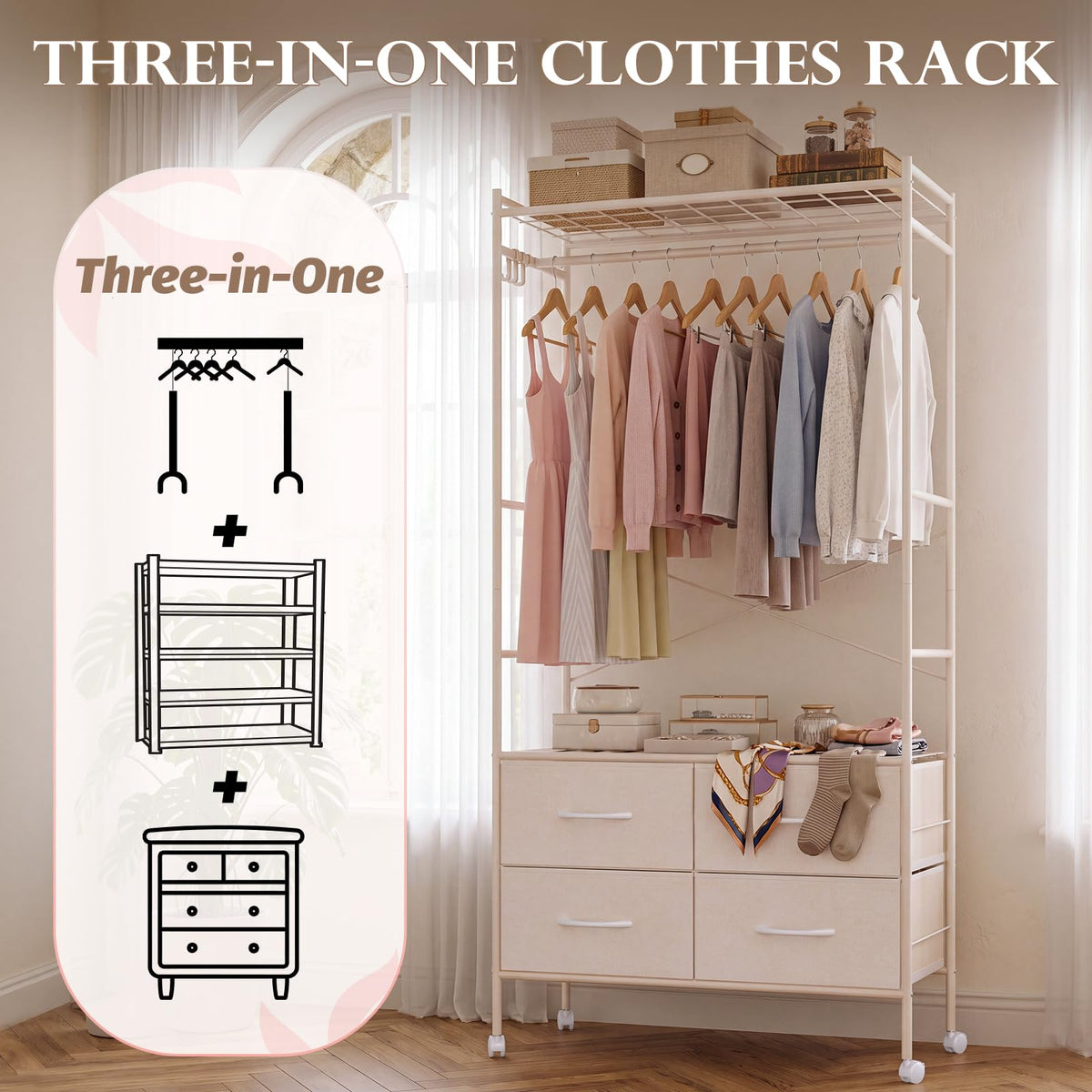 YODOLLA Rolling Clothes Rack with 4 Fabric Drawers, Portable Closet Organizer for Hanging Clothes