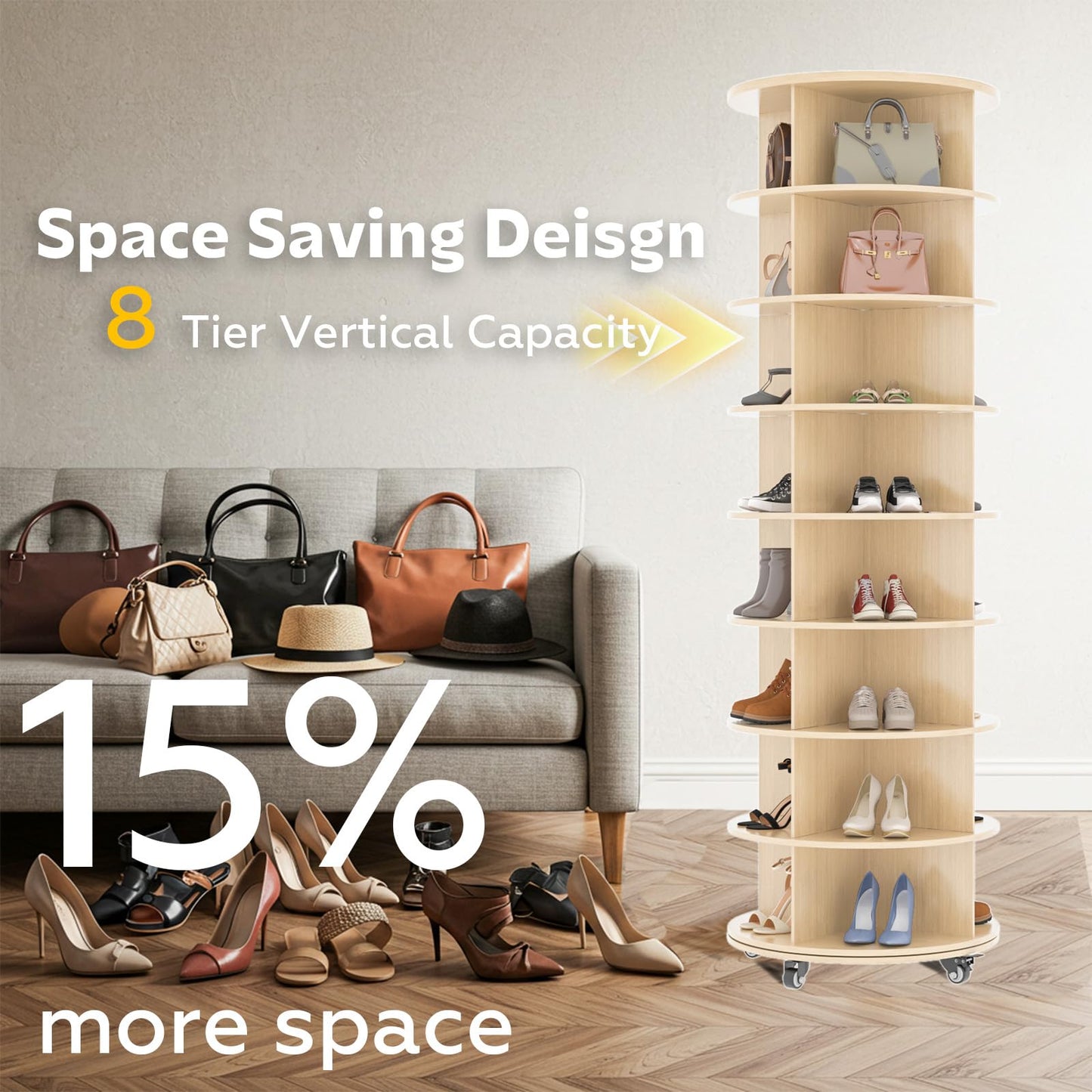 YODOLLA 8 Tier Rotating Shoe Rack Shoe Tower Organizer, Beige