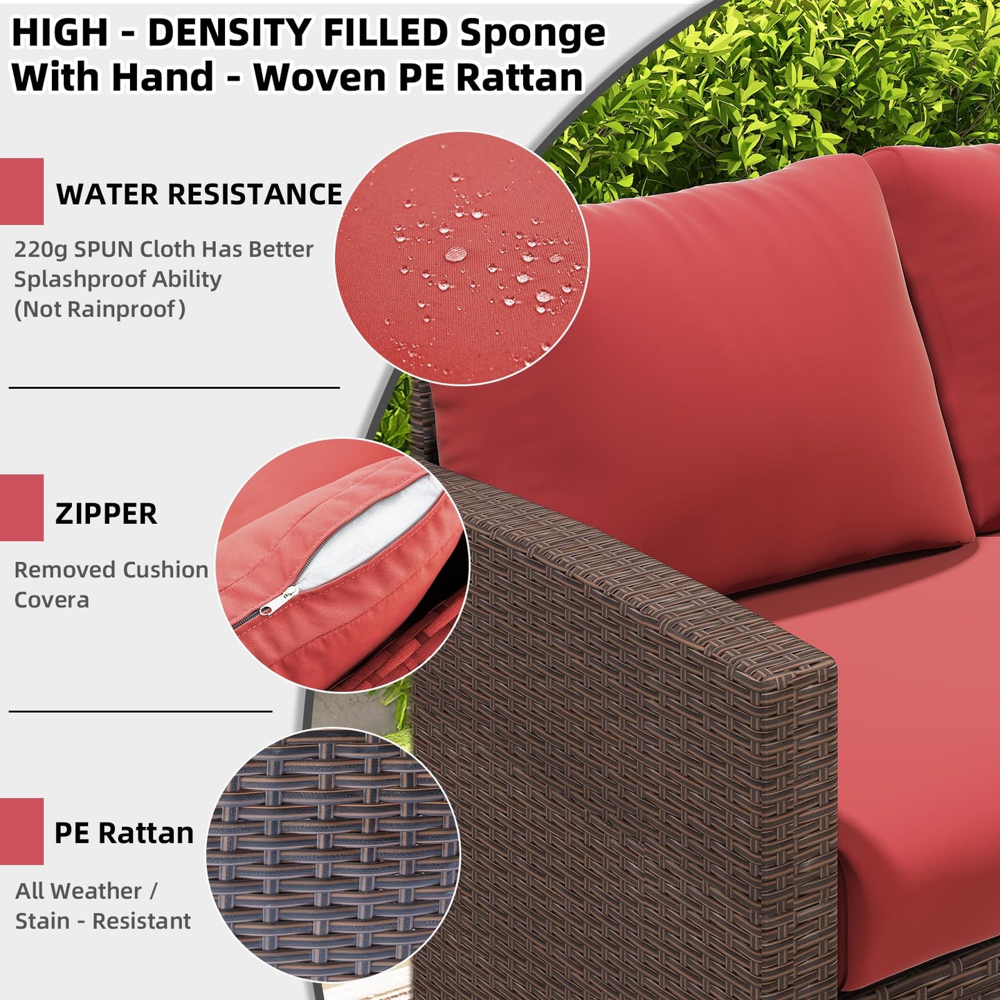 YODOLLA 7-Pc Patio Set, Brown Rattan & Red Cushion