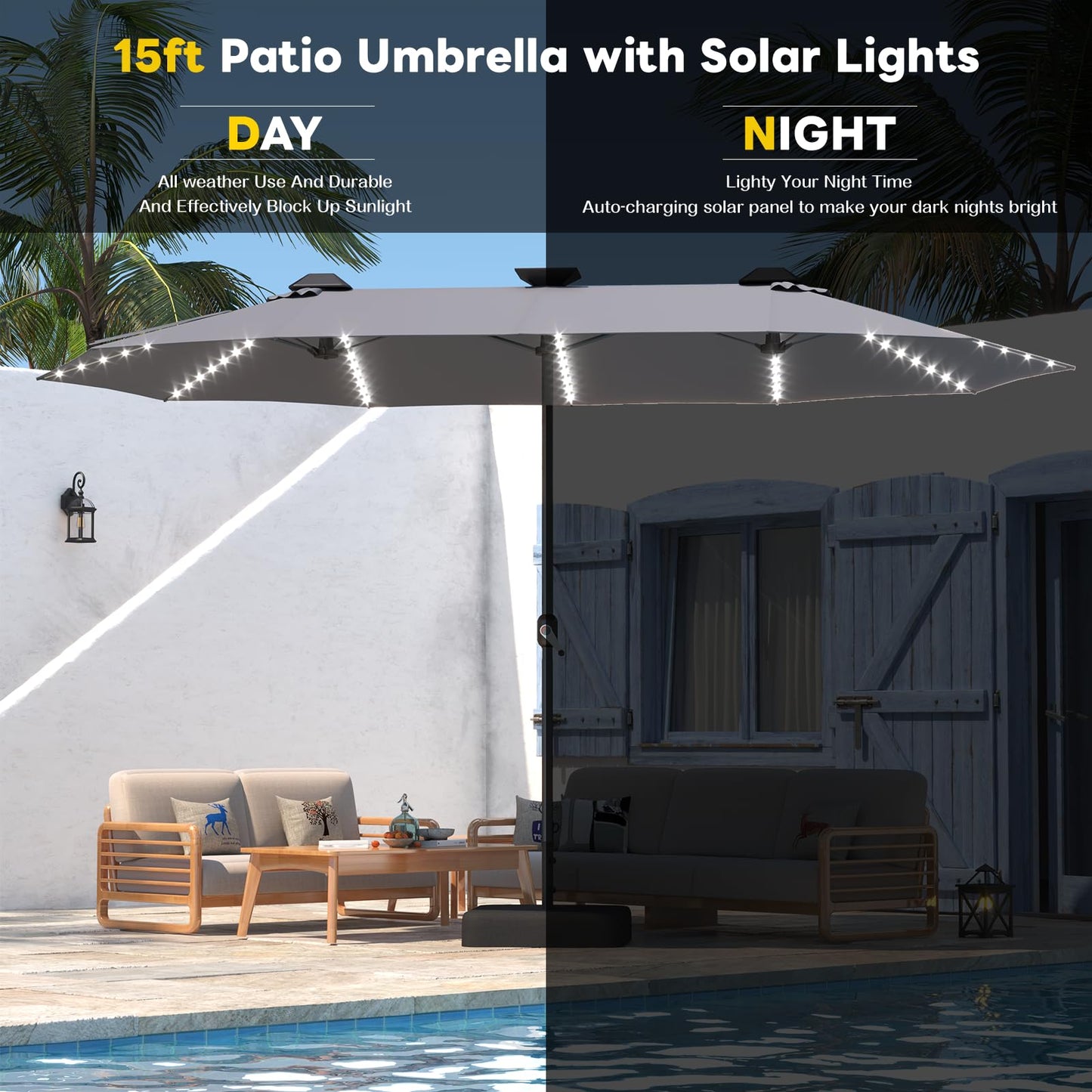 YODOLLA 15ft Double-Sided Patio Umbrella Outdoor Rectangle Umbrella with Base, Grey