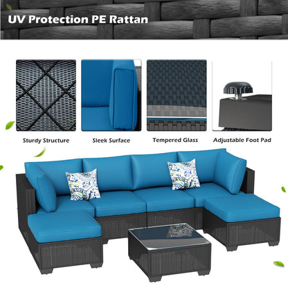 YODOLLA 7 Piece Outdoor Patio Furniture Set with 30 Inch Fire Pit Table, Black Rattan Peacock Blue Cushion