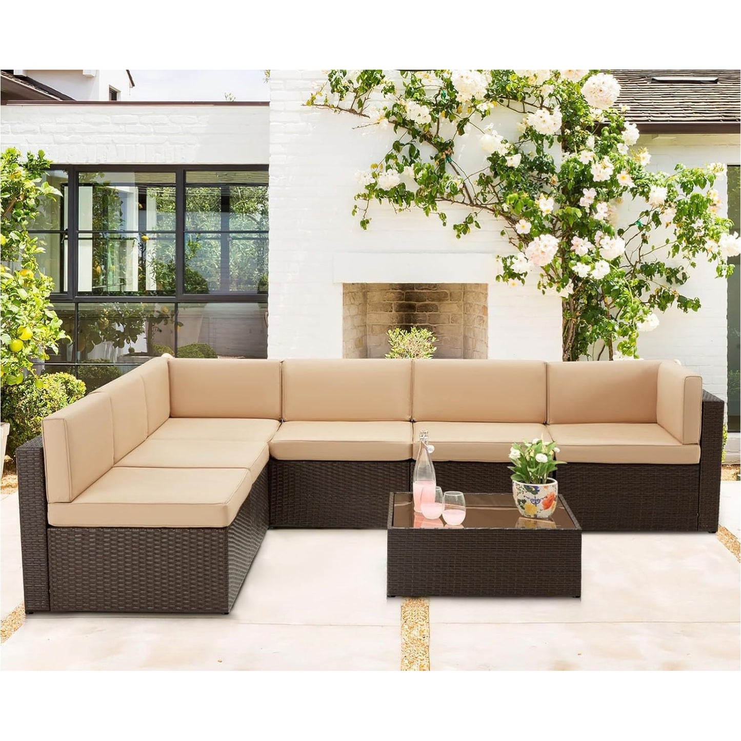 YODOLLA 7 Piece Outdoor Patio Furniture Set with Extra 43 Inch Fire Pit Table, Brown Rattan & Beige Cushion