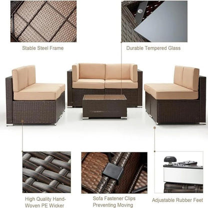 YODOLLA 7 Piece Outdoor Patio Furniture Set with 30 Inch Fire Pit Table, Brown Rattan Beige Cushion