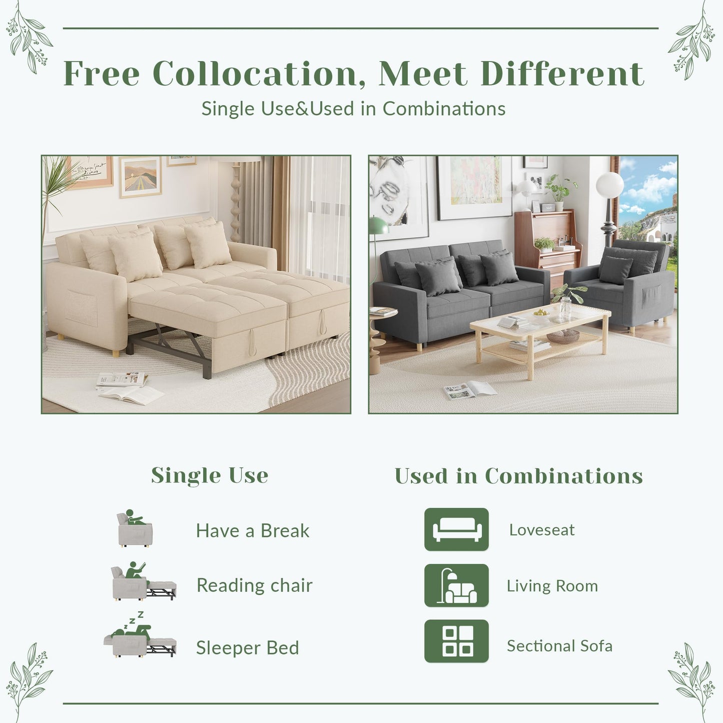 YODOLLA Comfortable 3-1 Convertible Sofa Bed,Beige